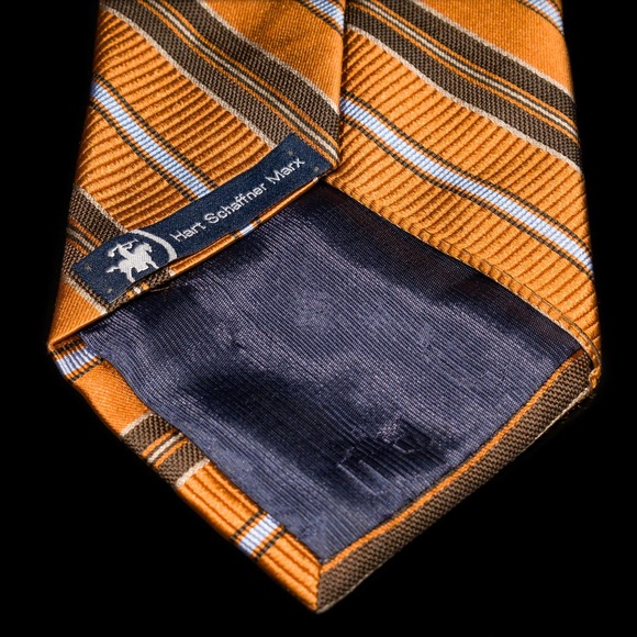 Hart Schaffner Marx Orange Brown Striped 100% Silk Men's Designer Tie - Picture 4 of 5